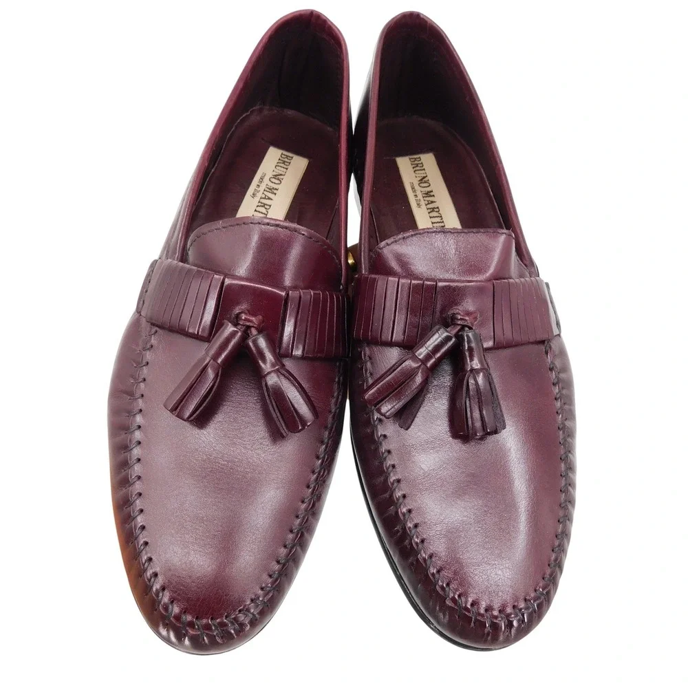 Bruno Martini Mens Burgundy Leather Tassel Kiltie Loafers Made in Italy Size 7.5